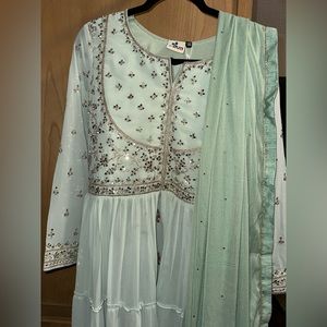 Mint green open Anarkali with floral skirt